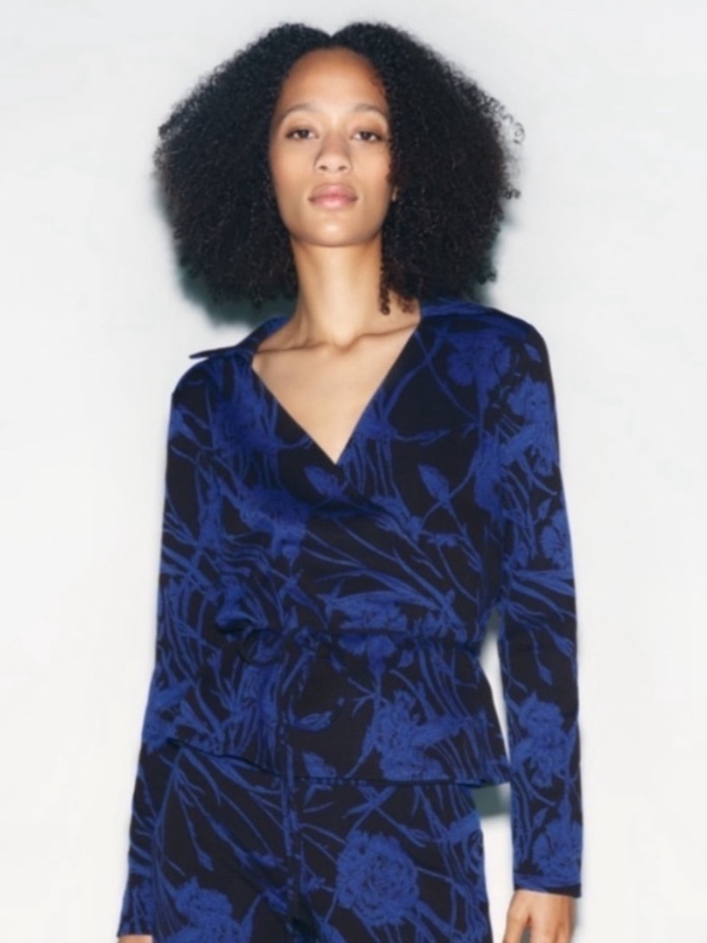 Zara Blue Jacquard Floral Wrap Top Long Sleeve V-Neck Tie Waist Blouse Women XS